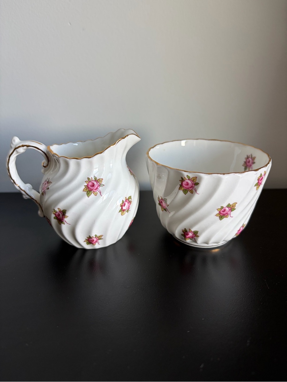 Porcelain Pink Rose Creamer and Sugar Bowl Set - White with Gold Trim